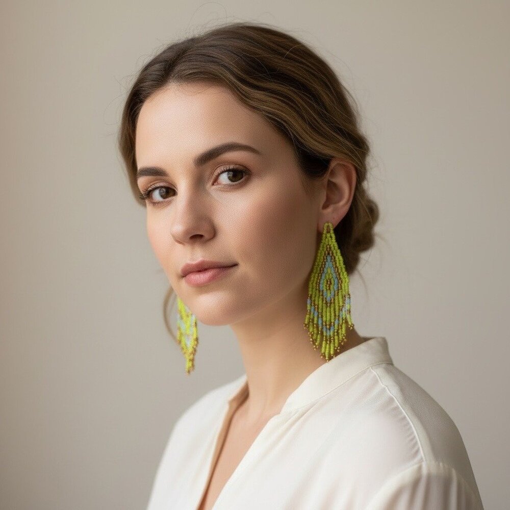 Handmade Beaded Drop Earrings With Green & Blue Tribal Pattern Framed Display - Picture 1 of 8